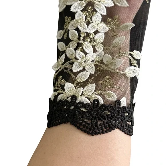 Shiran Fushi Floral Lace Black White Long Sleeve Midi Party Cocktail Dress L/XL - Picture 3 of 11